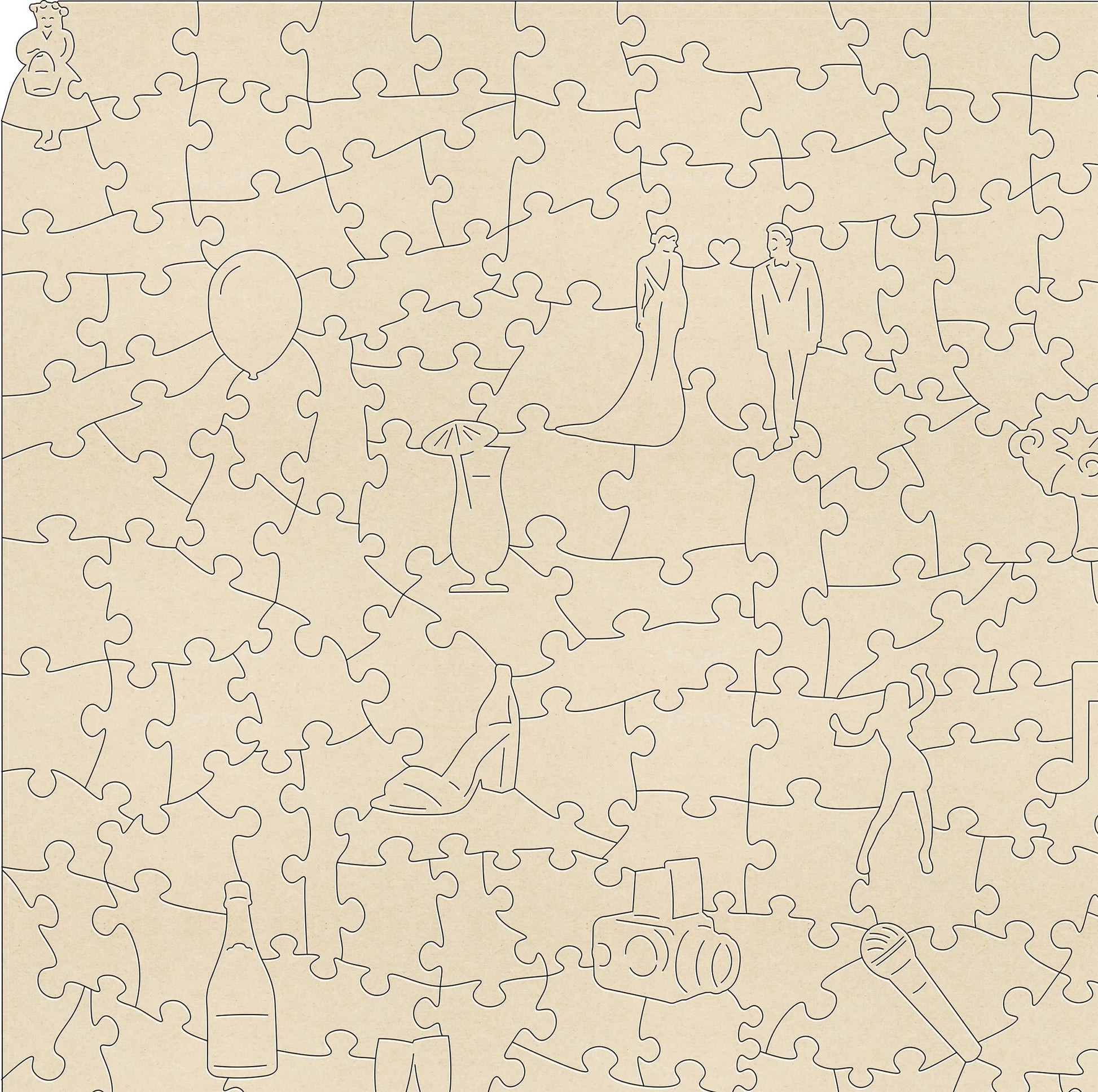 Mr and Mrs Wooden Jigsaw puzzle.  A great gift for the bride and groom.  A puzzle full of wedding themed jigsaw pieces.  Made in Britain by The Puzzly Company.