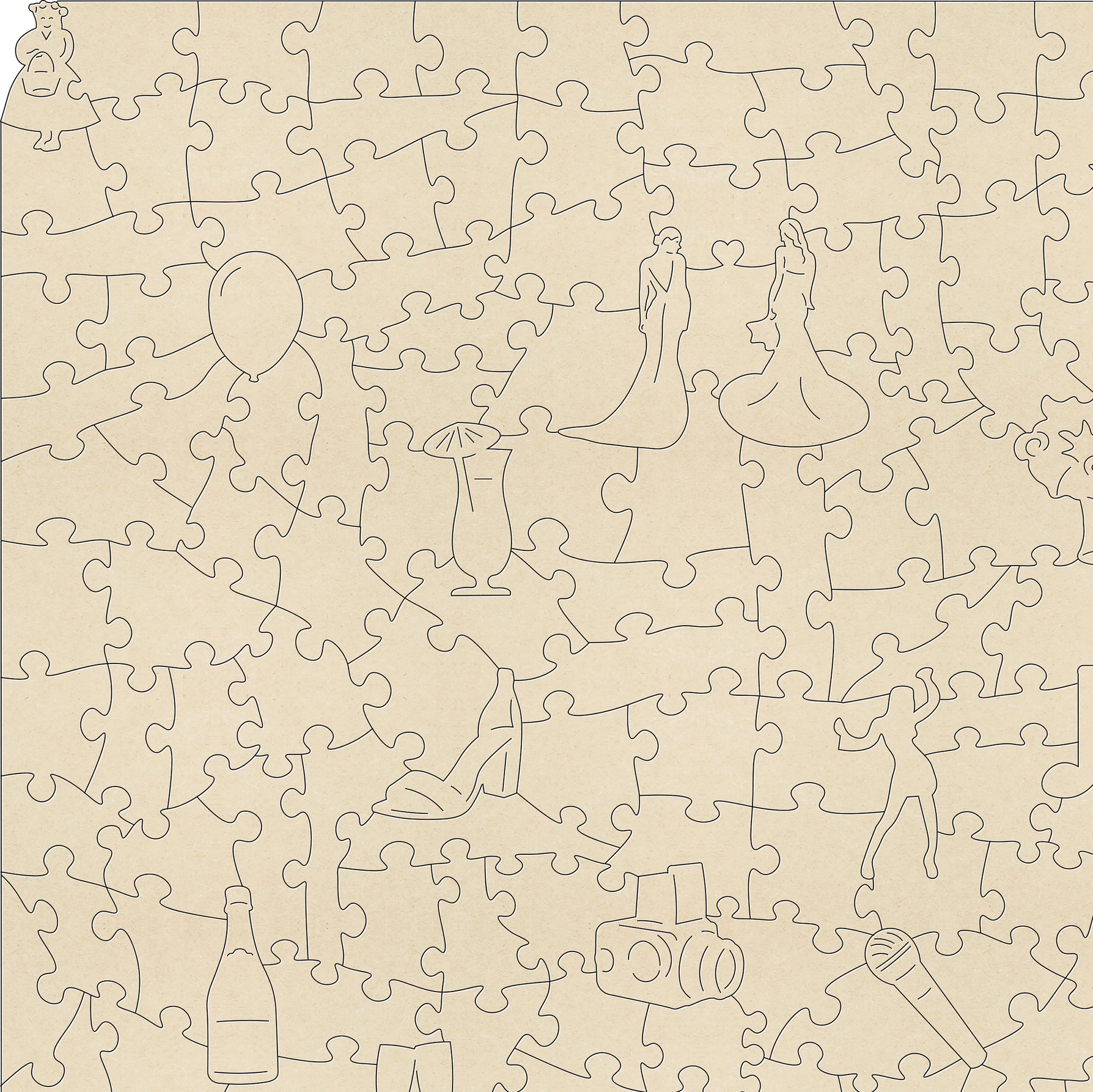 Mrs and Mrs Wooden Jigsaw puzzle.  A great gift for the bride and bride.  A puzzle full of gay wedding themed jigsaw pieces.  Made in Britain by The Puzzly Company.