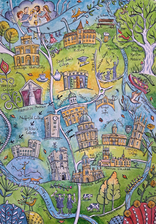 Oxford wooden jigsaw puzzle by Judit Matthews.  A fun 270 piece jigsaw full of Oxford themed whimsical puzzle pieces.  Made in Britain by The Puzzly Company.