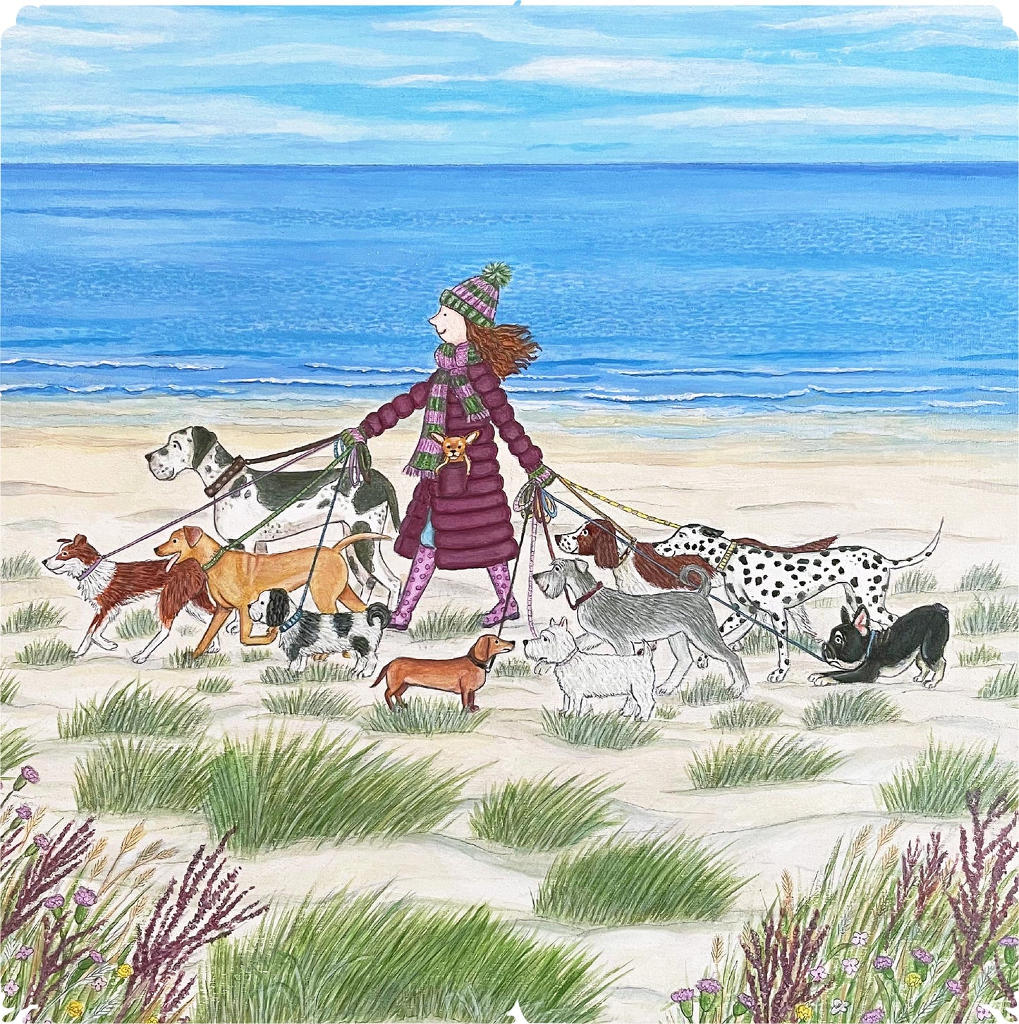 Sandy Paws Wooden Jigsaw Puzzle.  Original artwork by Lisa Davies.  210 dog themed and irregular jigsaw pieces.  Made in Britain by The Puzzly Company.