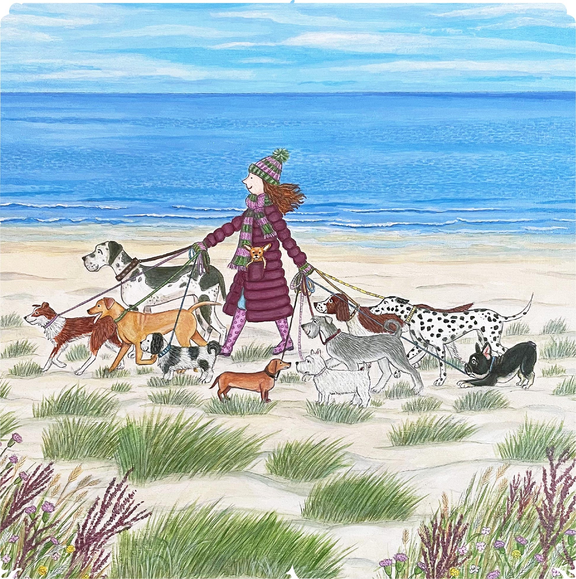 Sandy Paws Wooden Jigsaw Puzzle.  Original artwork by Lisa Davies.  210 dog themed and irregular jigsaw pieces.  Made in Britain by The Puzzly Company.