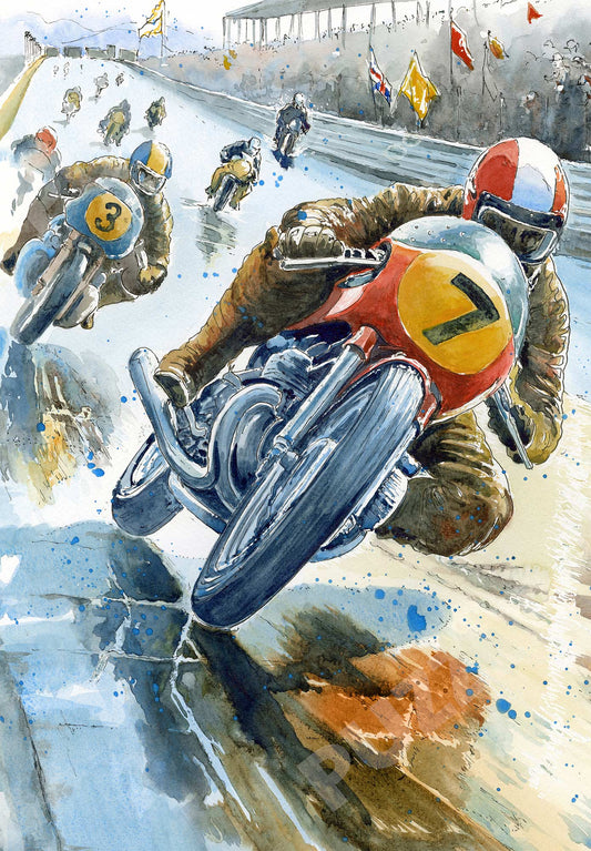 Skid Alley Wooden Jigsaw Puzzle by The Puzzly Company.  Artwork by June Lloyd.  It's a wonderful 1950's inspired Motorcycle Grand Prix race.   The puzzle contains both normal and whimsical jigsaw pieces.  Made in Britain.