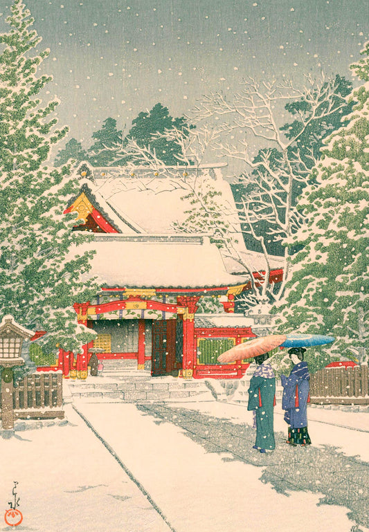 Snow at Hie Shrine wooden jigsaw puzzle.  Contains 275 jigsaw pieces.  Artwork by Hasui Kawase.  With irregular shaped and themed whimsical pieces. 