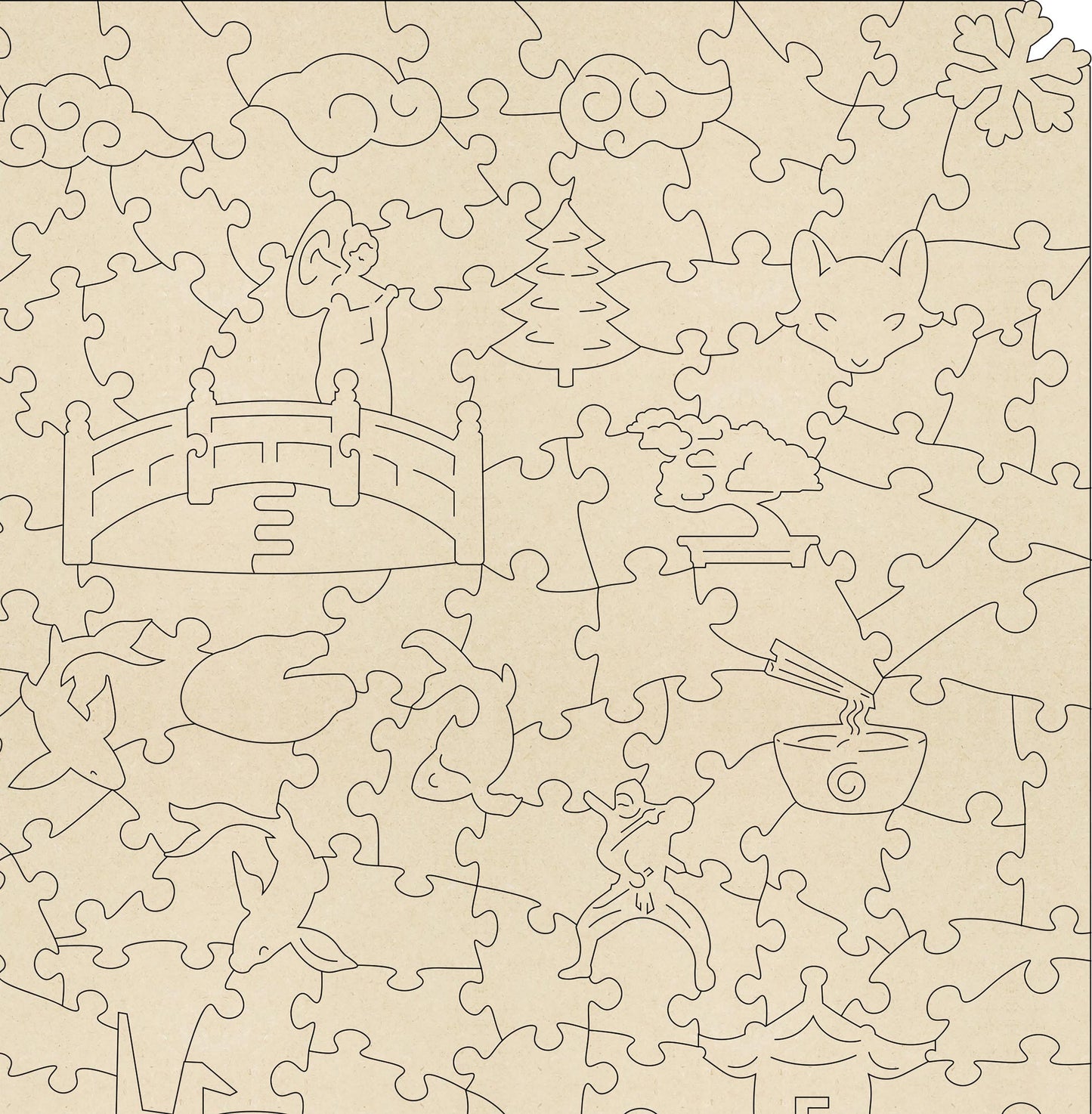 Snow at Hie Shrine wooden jigsaw puzzle.  Contains 275 jigsaw pieces.  Artwork by Hasui Kawase.  With irregular shaped and themed whimsical pieces. 