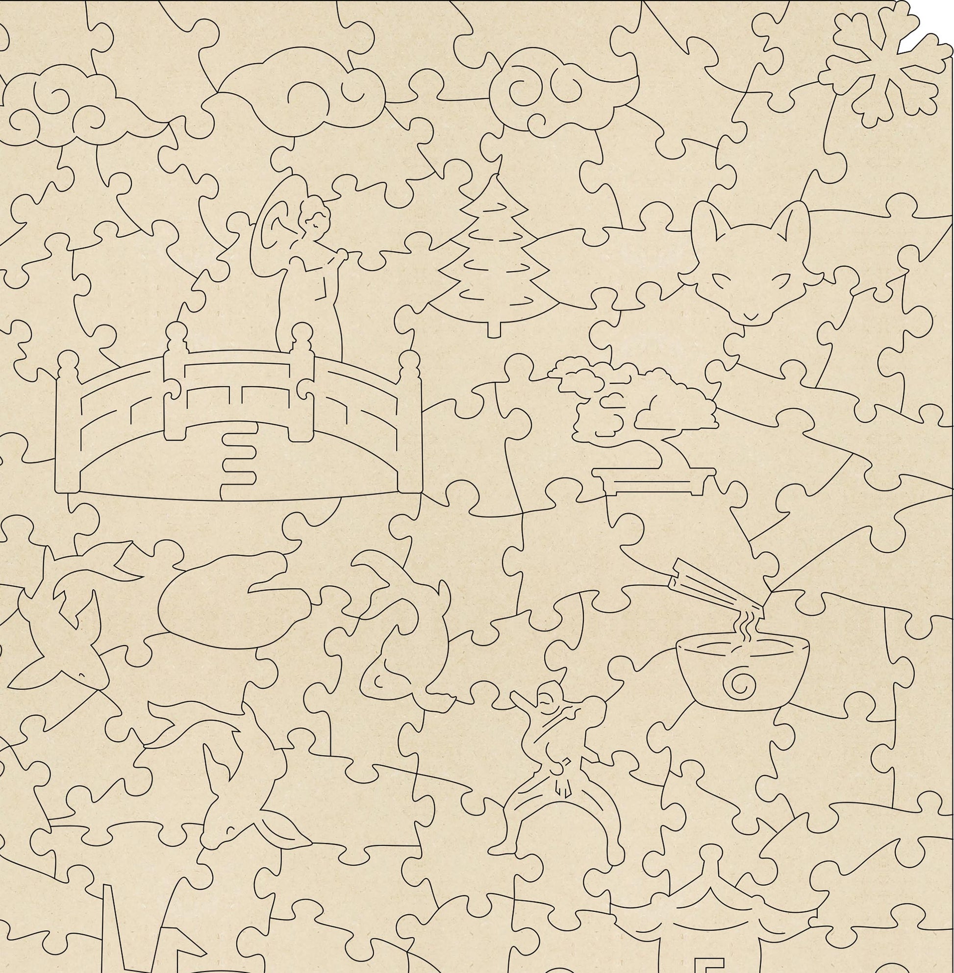 Snow at Hie Shrine wooden jigsaw puzzle.  Contains 275 jigsaw pieces.  Artwork by Hasui Kawase.  With irregular shaped and themed whimsical pieces. 