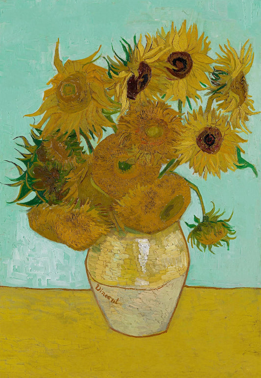 Sunflowers Wooden Jigsaw Puzzle.  Fine art puzzle by Vincent Van Gough.  Irregular and whimsical jigsaw pieces.  Made in Britain by The Puzzly Company.