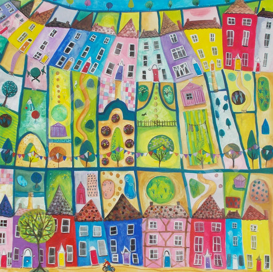 Terraced Gardens wooden jigsaw puzzle.  Original artwork by Kate Wrigglesworth.  A 216 piece wooden jigsaw with irregular shapes and whimsical pieces.