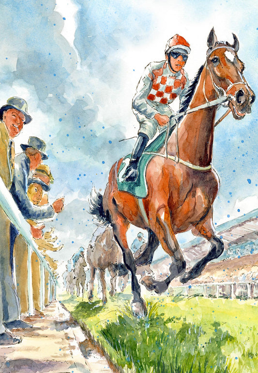 The Horse Race Wooden Jigsaw Puzzle by The Puzzly Company.  Artwork by June Lloyd.  A fun filled puzzle with regular and whimsical pieces.  Made in Britain.
