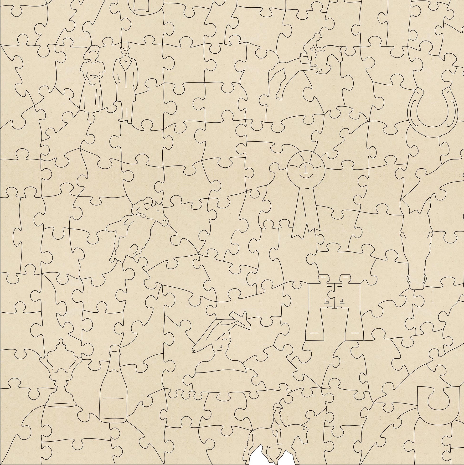 The Horse Race Wooden Jigsaw Puzzle by The Puzzly Company.  Artwork by June Lloyd.  A fun filled puzzle with regular and whimsical pieces.  Made in Britain.