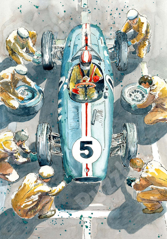 The Pit Stop Wooden Jigsaw Puzzle by The Puzzly Company.  Artwork by June Lloyd.  It's a wonderful 1950's inspired Motorsport Grand Prix race.   The puzzle contains both normal and whimsical jigsaw pieces.  Made in Britain.