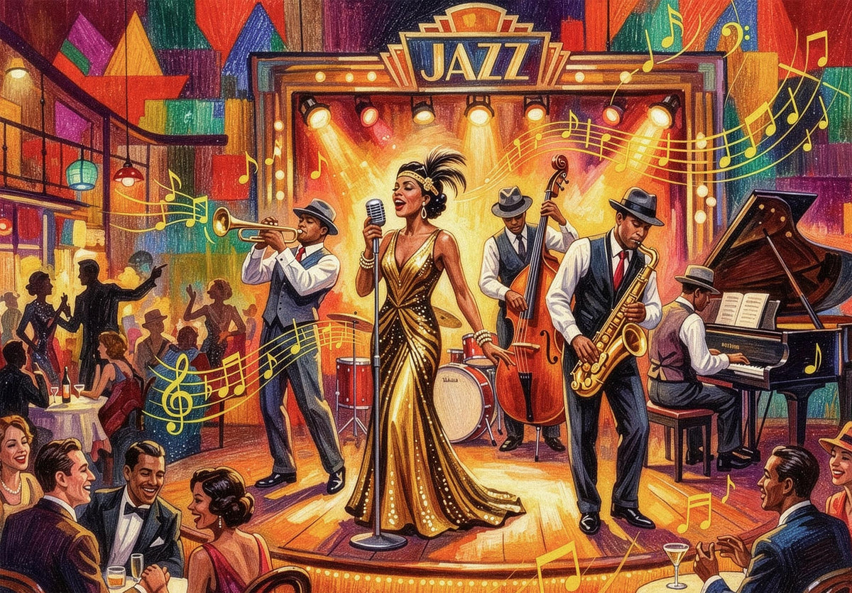 Jazz Club Wooden Jigsaw Puzzle.  A musical adventure with both whimsical and irregular jigsaw pieces.  265 piece count.  Made in Britain by The Puzzly Company.
