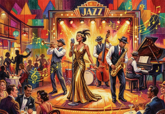 Jazz Club Wooden Jigsaw Puzzle.  A musical adventure with both whimsical and irregular jigsaw pieces.  265 piece count.  Made in Britain by The Puzzly Company.