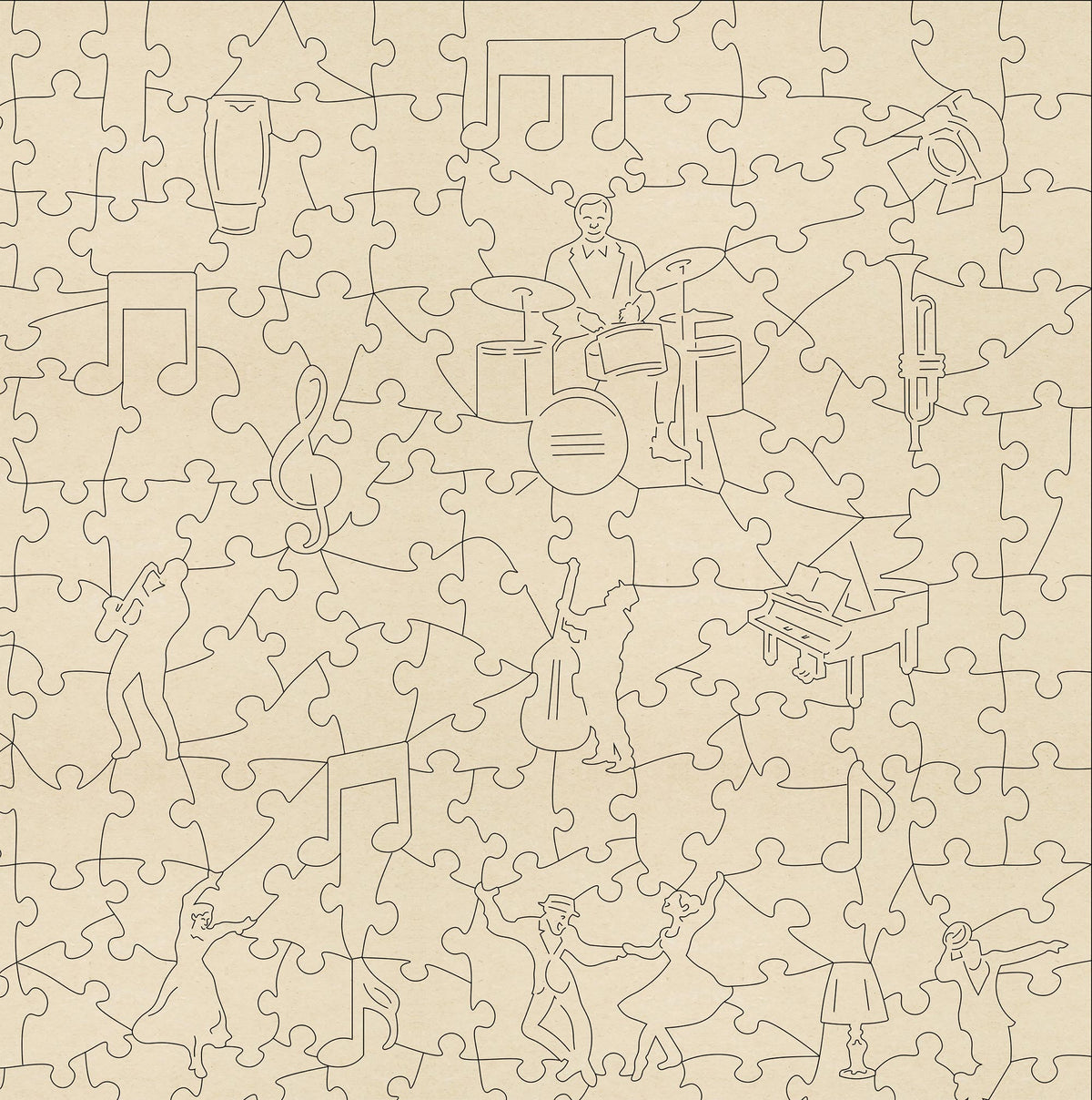 Jazz Club Wooden Jigsaw Puzzle.  A musical adventure with both whimsical and irregular jigsaw pieces.  265 piece count.  Made in Britain by The Puzzly Company.
