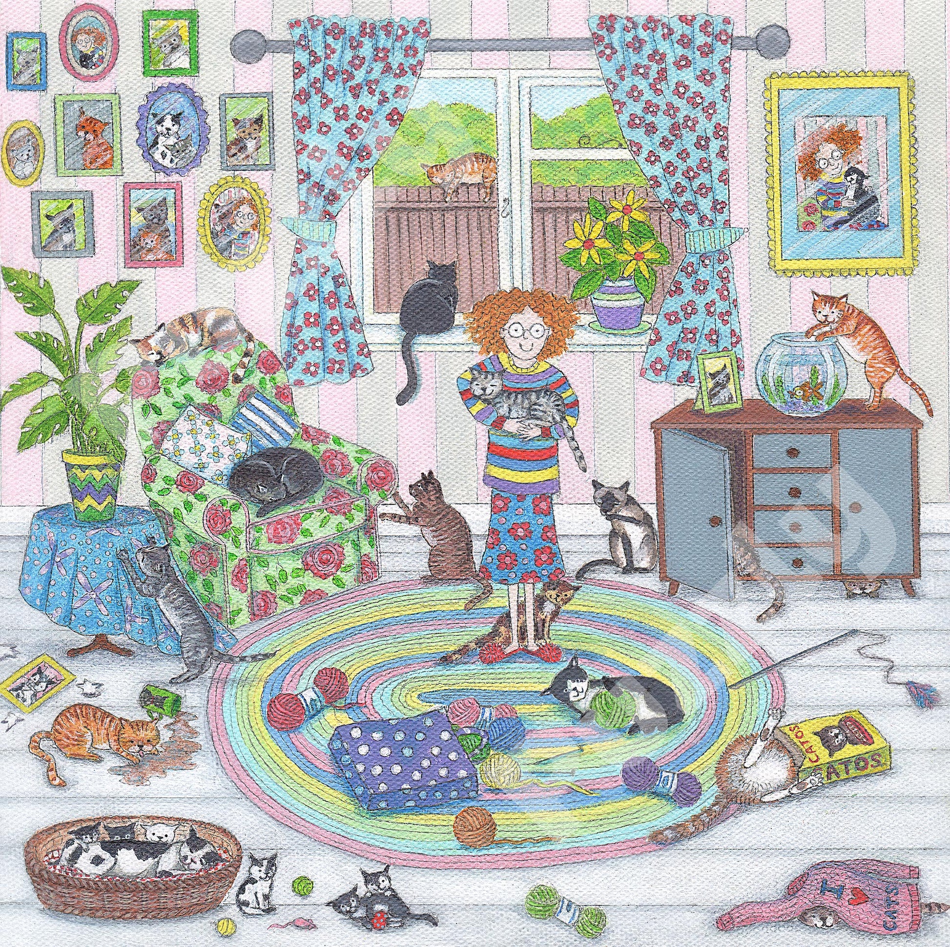 The Mad Cat Lady Wooden Jigsaw Puzzle is a fun painting by Lisa Davies that is full of cats.  The puzzle has 200 pieces including lots of cat themed puzzle pieces.