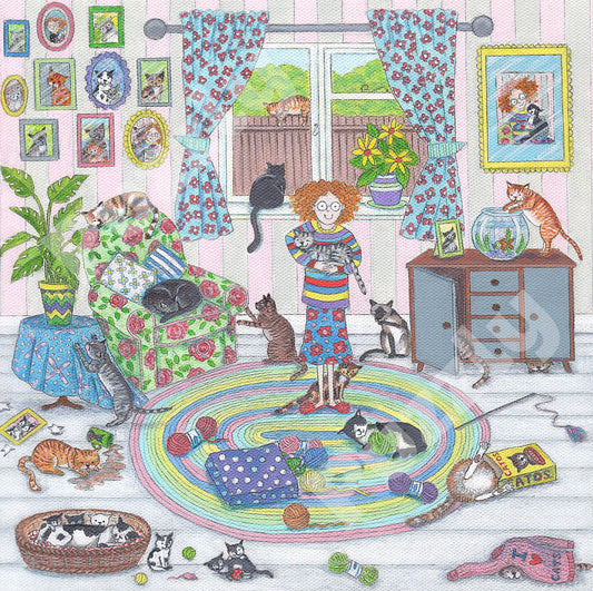 The Mad Cat Lady Wooden Jigsaw Puzzle is a fun painting by Lisa Davies that is full of cats.  The puzzle has 200 pieces including lots of cat themed puzzle pieces.