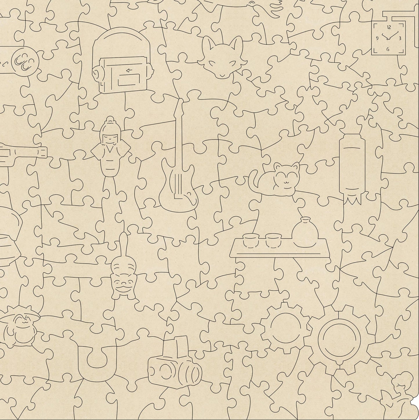 The Repair Shop wooden Jigsaw Puzzle.  Artwork by Derrick Ireland.  A mythical Japanese scene of a repair shop run by a chameleon.  Contains irregular and whimsical jigsaw pieces.  Made in Britian. 