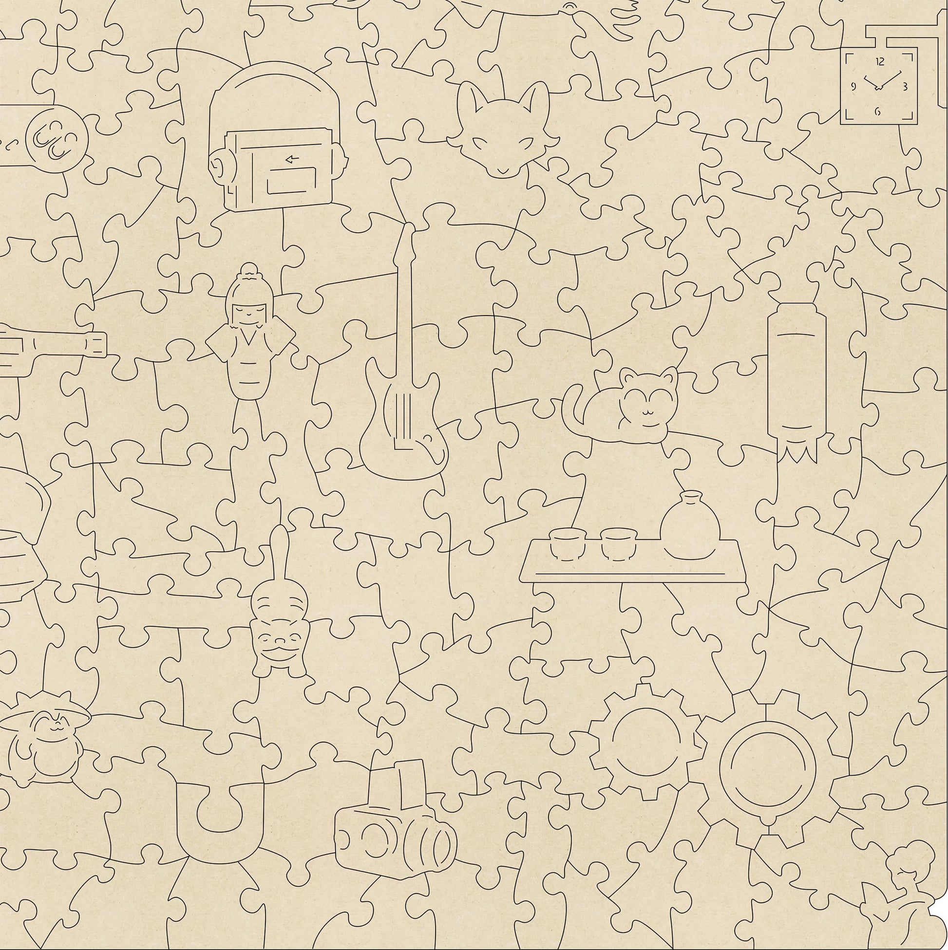 The Repair Shop wooden Jigsaw Puzzle.  Artwork by Derrick Ireland.  A mythical Japanese scene of a repair shop run by a chameleon.  Contains irregular and whimsical jigsaw pieces.  Made in Britian. 