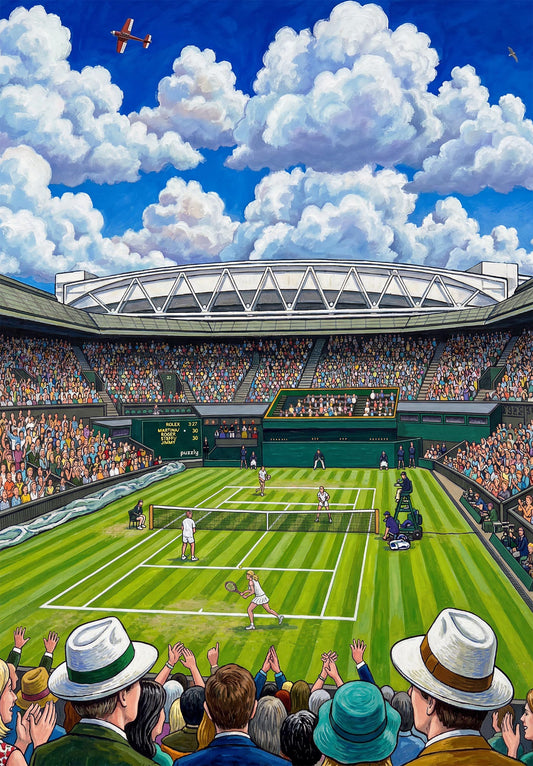 The Tennis Match wooden jigsaw puzzle.  A great tennis themed puzzle containing both irregular and whimsical pieces.  Available in 2 sizes: 250 or 130 pieces.  Designed and cut by the Puzzly Company.