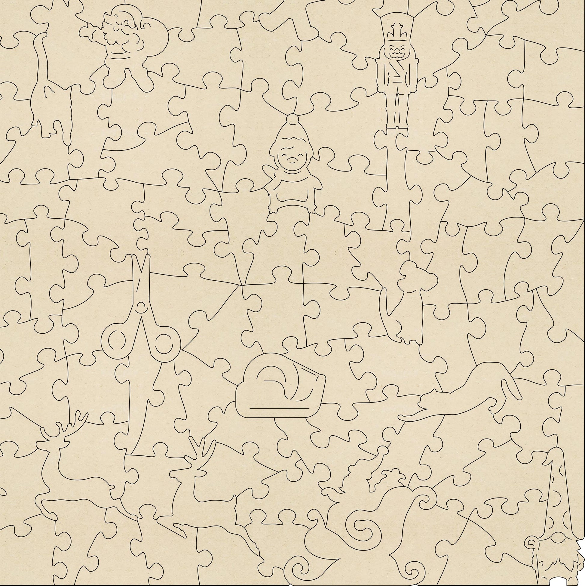 Wrapping the Presents Wooden Jigsaw Puzzle.  Artwork by Lisa Davies.  Full of Christmas themed character pieces.